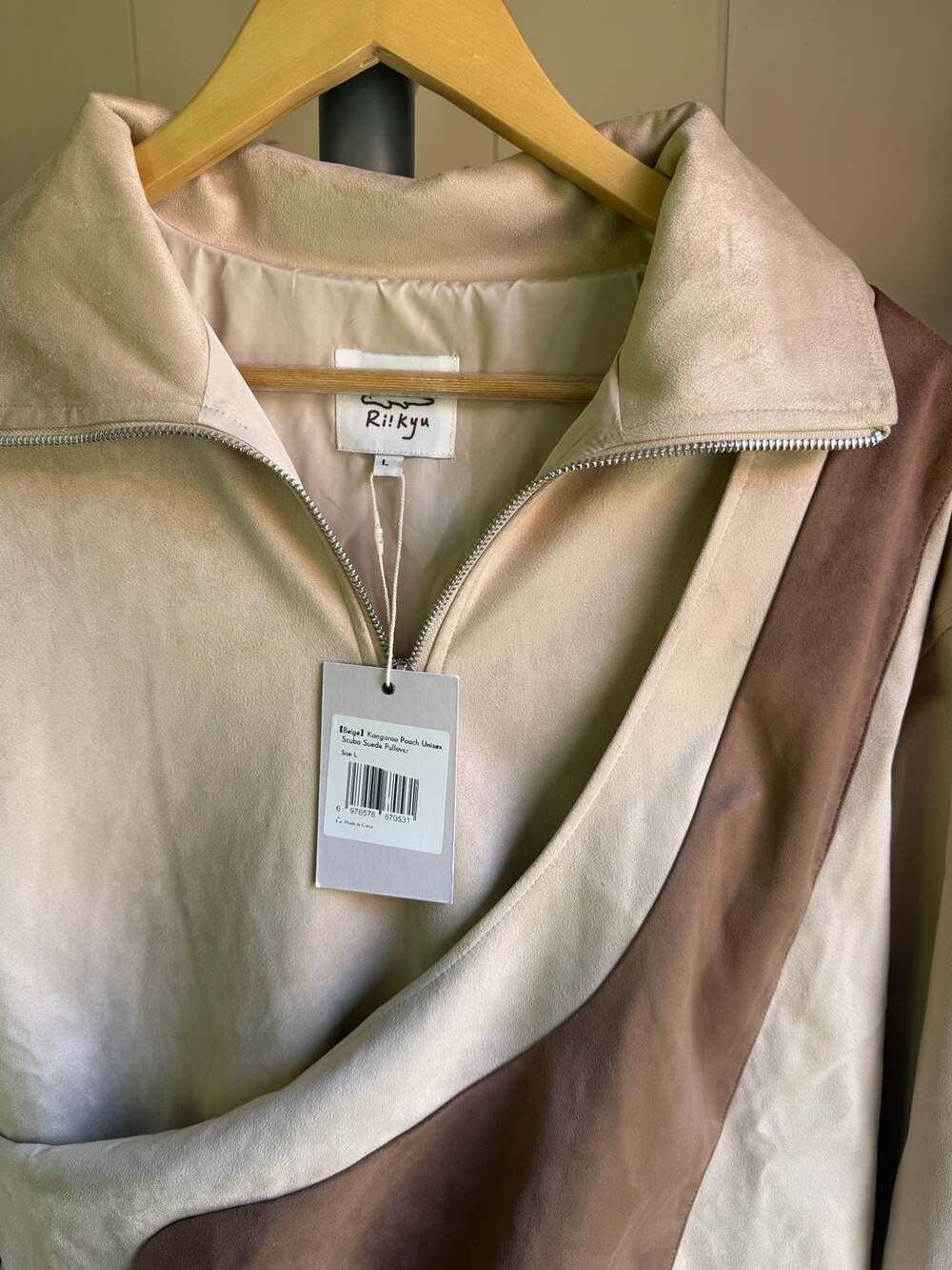 Ri!Kyu Kangaroo Pouch Unisex Scuba Suede Pullover Jacket Beige Size L - Picture 3 of 6